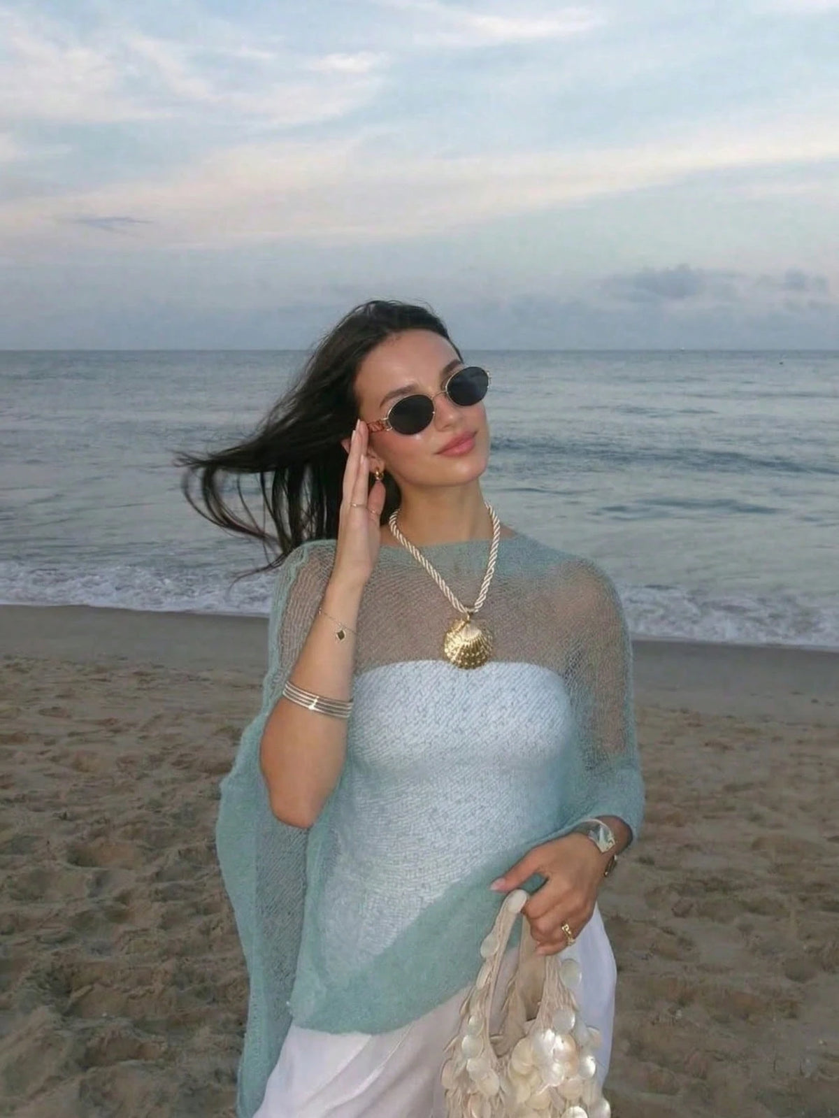 FOR BEAUTY Summer Y2K Women's Blue Solid Color Sun Protection Shawl, Front Tie Beach Cover-Up, Bohemian Style Vacation Resort Casual Fashion Top