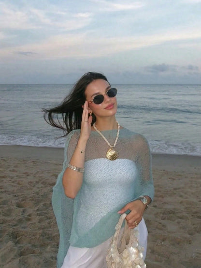 FOR BEAUTY Summer Y2K Women's Blue Solid Color Sun Protection Shawl, Front Tie Beach Cover-Up, Bohemian Style Vacation Resort Casual Fashion Top