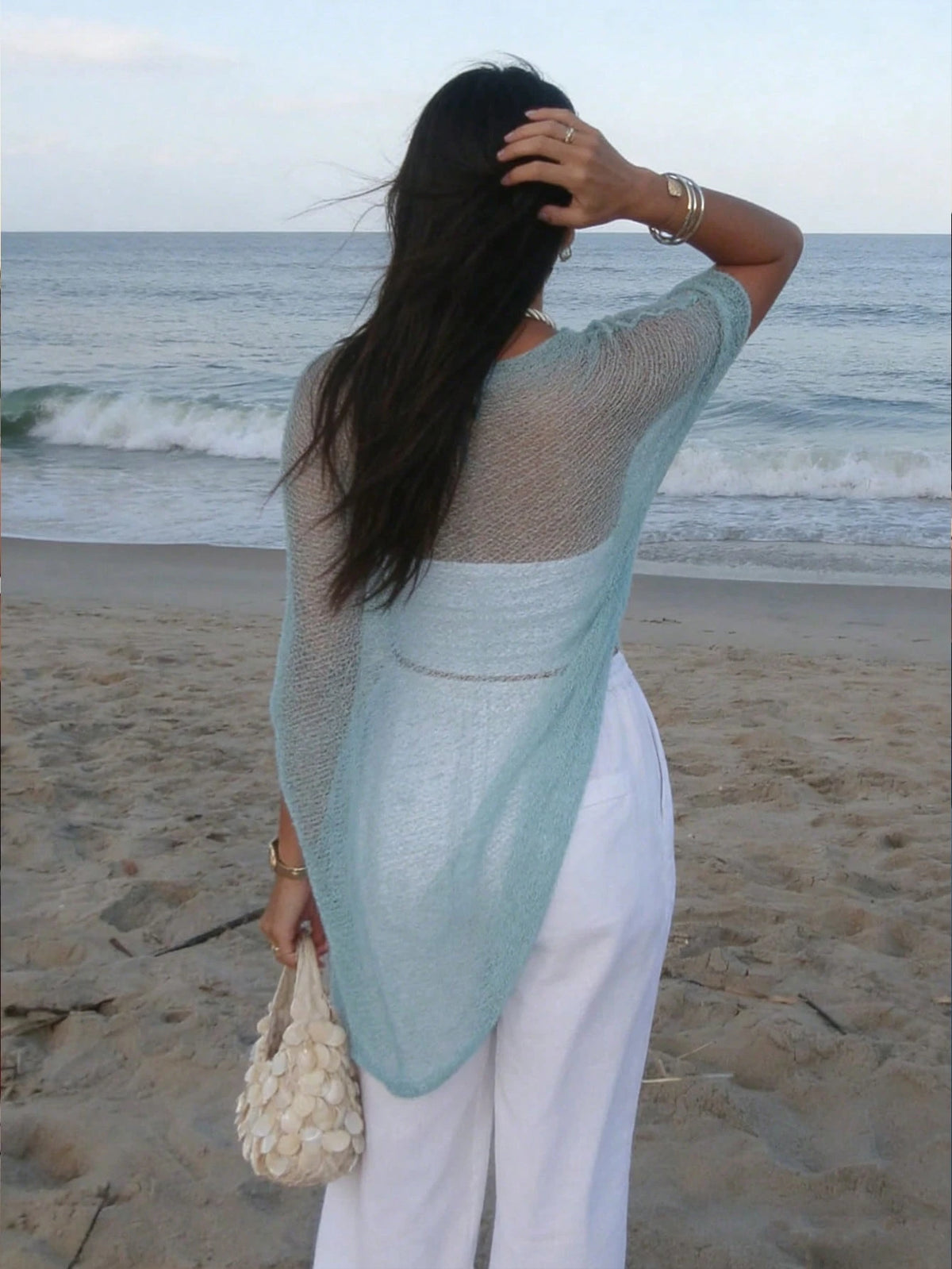 FOR BEAUTY Summer Y2K Women's Blue Solid Color Sun Protection Shawl, Front Tie Beach Cover-Up, Bohemian Style Vacation Resort Casual Fashion Top