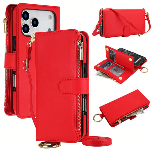For IPhone 17Promax/17Pro/17AIR/17 Case Wallet With RFID Blocking Card Holder And Shoulder Strap Wrist Strap, Multi-Function Stylish Ring Zipper Purse Case For IPone