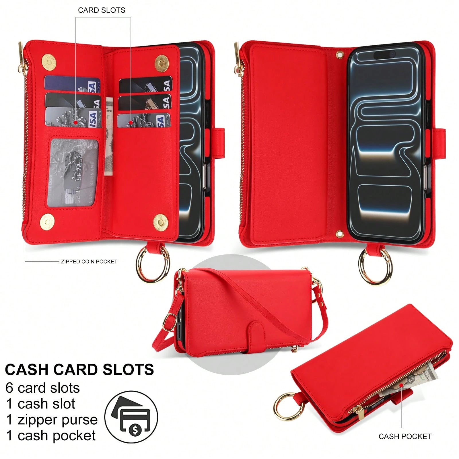 For IPhone 17Promax/17Pro/17AIR/17 Case Wallet With RFID Blocking Card Holder And Shoulder Strap Wrist Strap, Multi-Function Stylish Ring Zipper Purse Case For IPone