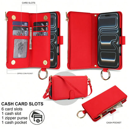 For IPhone 17Promax/17Pro/17AIR/17 Case Wallet With RFID Blocking Card Holder And Shoulder Strap Wrist Strap, Multi-Function Stylish Ring Zipper Purse Case For IPone