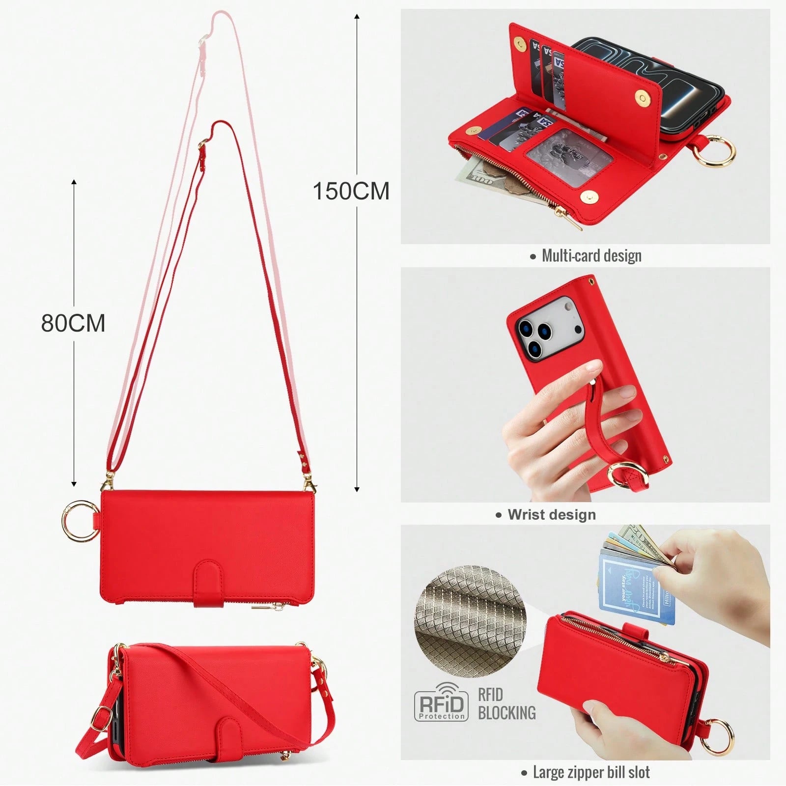 For IPhone 17Promax/17Pro/17AIR/17 Case Wallet With RFID Blocking Card Holder And Shoulder Strap Wrist Strap, Multi-Function Stylish Ring Zipper Purse Case For IPone