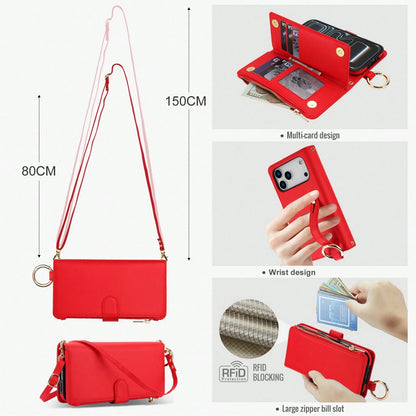 For IPhone 17Promax/17Pro/17AIR/17 Case Wallet With RFID Blocking Card Holder And Shoulder Strap Wrist Strap, Multi-Function Stylish Ring Zipper Purse Case For IPone