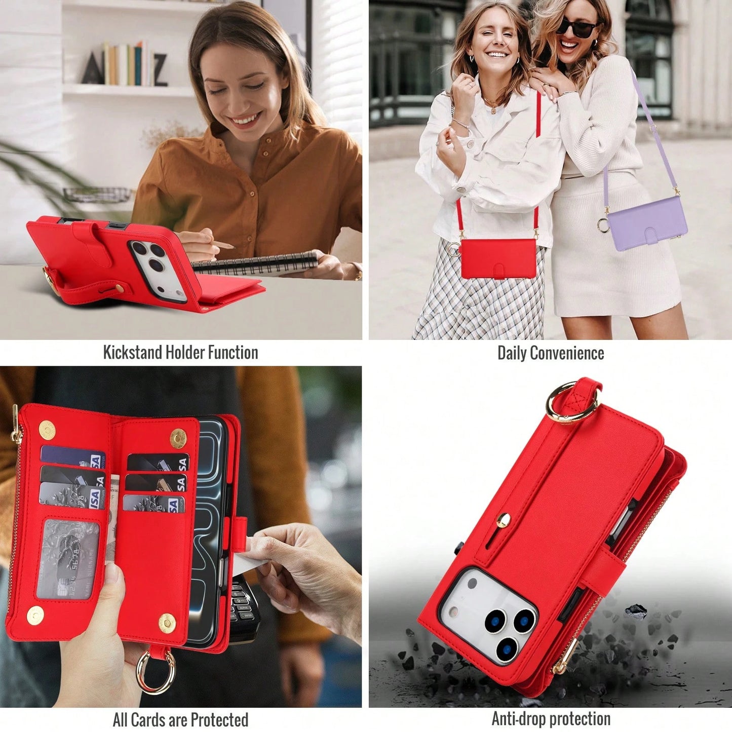 For IPhone 17Promax/17Pro/17AIR/17 Case Wallet With RFID Blocking Card Holder And Shoulder Strap Wrist Strap, Multi-Function Stylish Ring Zipper Purse Case For IPone