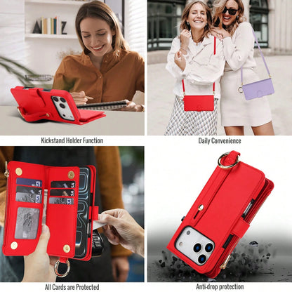 For IPhone 17Promax/17Pro/17AIR/17 Case Wallet With RFID Blocking Card Holder And Shoulder Strap Wrist Strap, Multi-Function Stylish Ring Zipper Purse Case For IPone