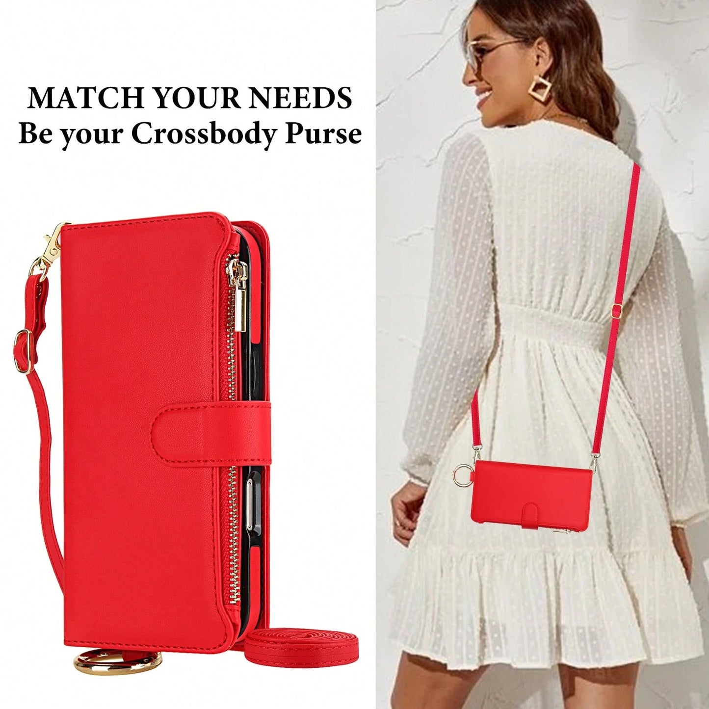 For IPhone 17Promax/17Pro/17AIR/17 Case Wallet With RFID Blocking Card Holder And Shoulder Strap Wrist Strap, Multi-Function Stylish Ring Zipper Purse Case For IPone