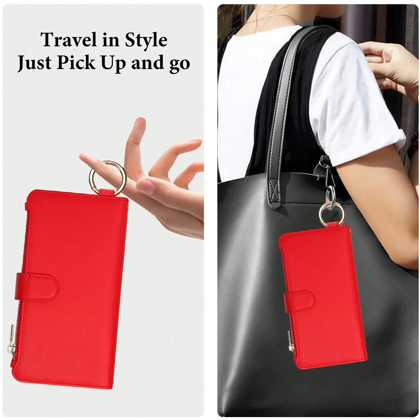 For IPhone 17Promax/17Pro/17AIR/17 Case Wallet With RFID Blocking Card Holder And Shoulder Strap Wrist Strap, Multi-Function Stylish Ring Zipper Purse Case For IPone