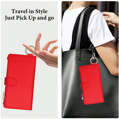 For IPhone 17Promax/17Pro/17AIR/17 Case Wallet With RFID Blocking Card Holder And Shoulder Strap Wrist Strap, Multi-Function Stylish Ring Zipper Purse Case For IPone