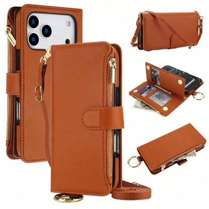For IPhone 17Promax/17Pro/17AIR/17 Case Wallet With RFID Blocking Card Holder And Shoulder Strap Wrist Strap, Multi-Function Stylish Ring Zipper Purse Case For IPone