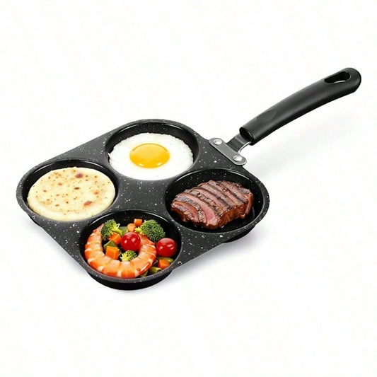 Four-Hole Non-Stick Frying Pan With Wooden Handle| Marble Coating, Perfect For Frying Eggs And Pancakes, Compatible With Induction Cookers, Modern Kitchen Utensils| Durable, Dishwasher, Aluminum All
