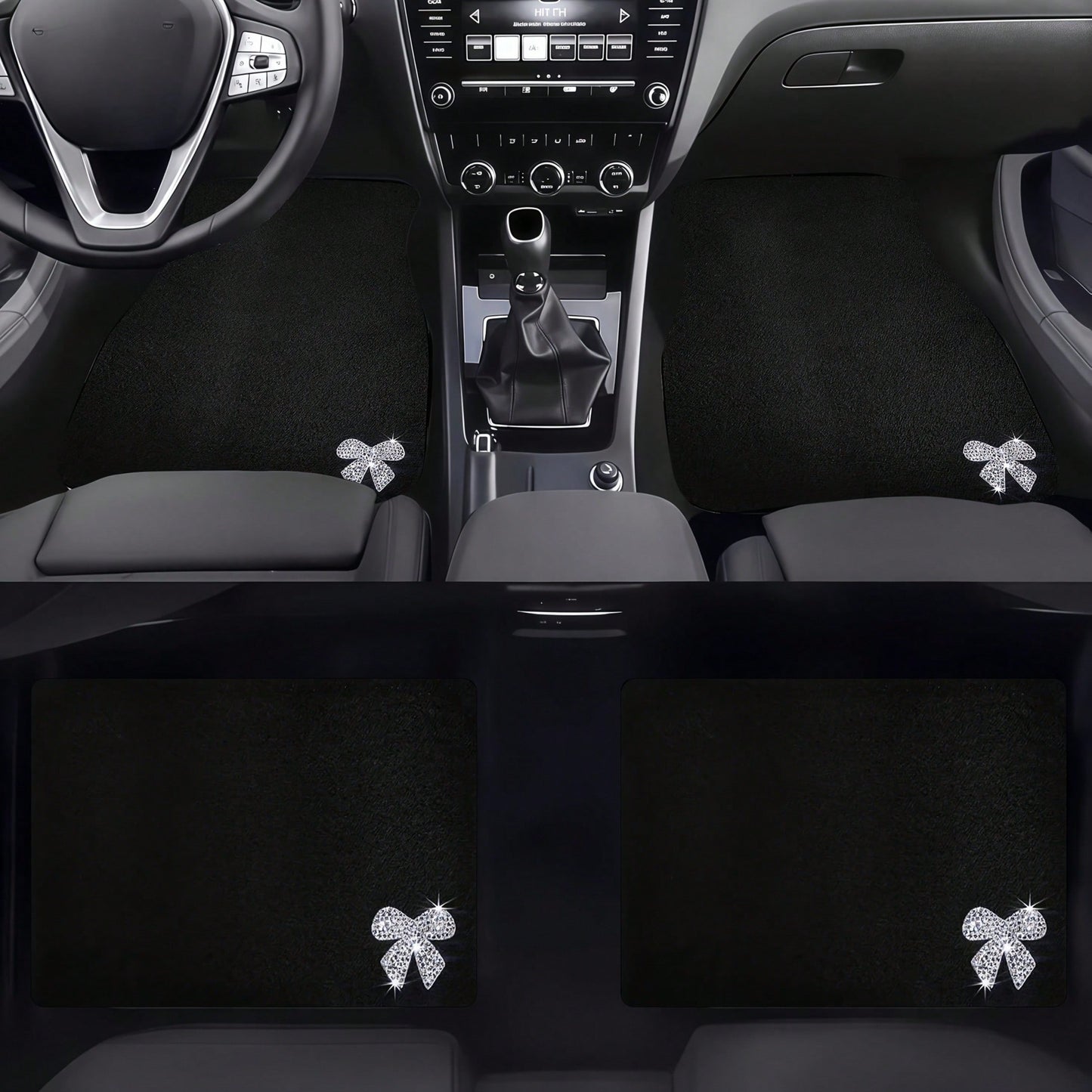 Four-Piece Car Floor Mat Set, Featuring A Solid Black Textured Design, Adorned With Shiny Diamond Bow Accents, Creating An Elegant And Festive Atmosphere, Perfect For Vehicle Interiors
