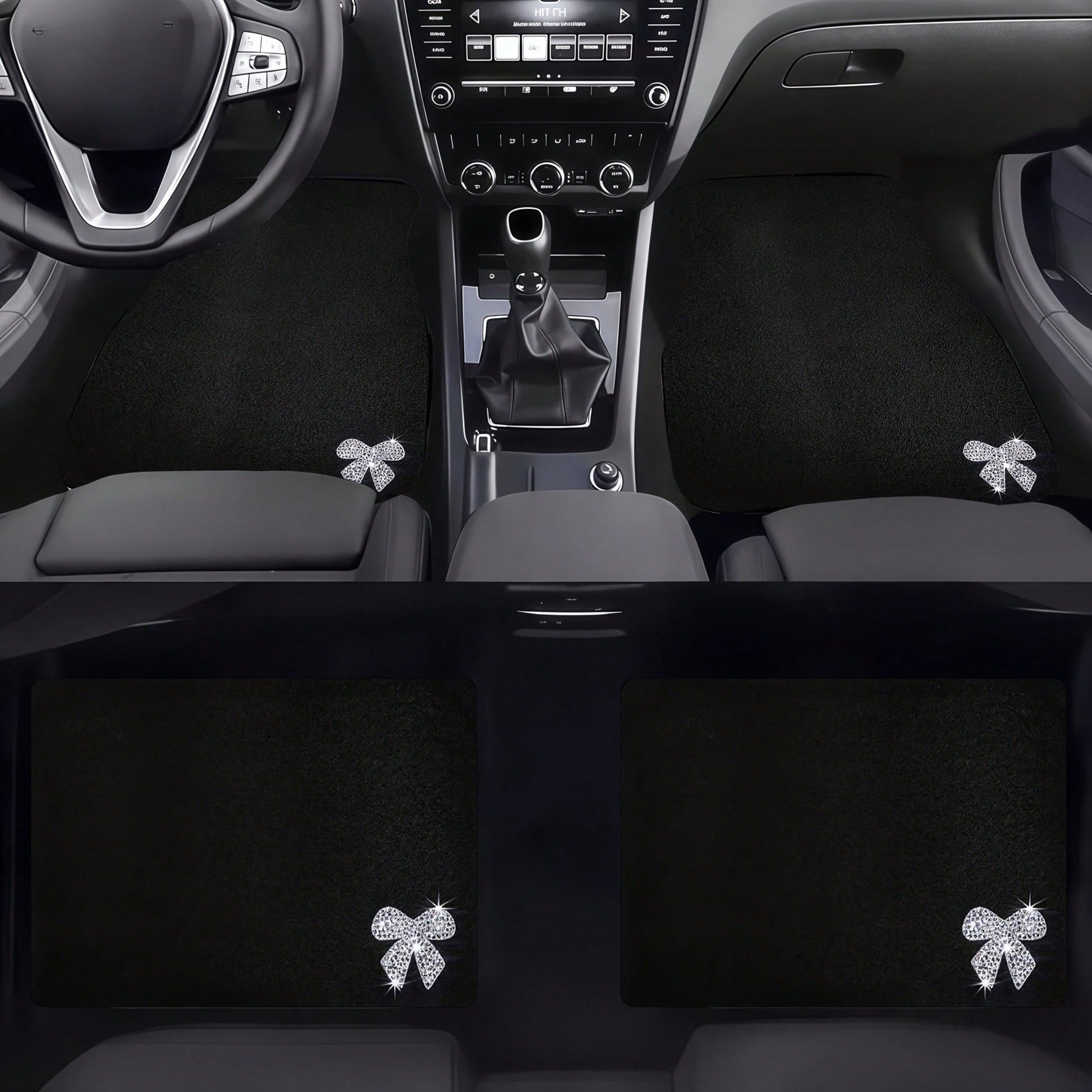 Four-Piece Car Floor Mat Set, Featuring A Solid Black Textured Design, Adorned With Shiny Diamond Bow Accents, Creating An Elegant And Festive Atmosphere, Perfect For Vehicle Interiors