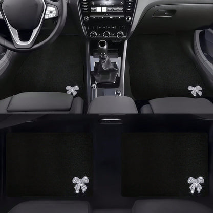 Four-Piece Car Floor Mat Set, Featuring A Solid Black Textured Design, Adorned With Shiny Diamond Bow Accents, Creating An Elegant And Festive Atmosphere, Perfect For Vehicle Interiors