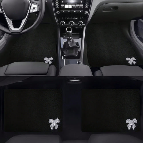 Four-Piece Car Floor Mat Set, Featuring A Solid Black Textured Design, Adorned With Shiny Diamond Bow Accents, Creating An Elegant And Festive Atmosphere, Perfect For Vehicle Interiors