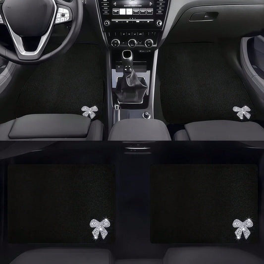 Four-Piece Car Floor Mat Set, Featuring A Solid Black Textured Design, Adorned With Shiny Diamond Bow Accents, Creating An Elegant And Festive Atmosphere, Perfect For Vehicle Interiors