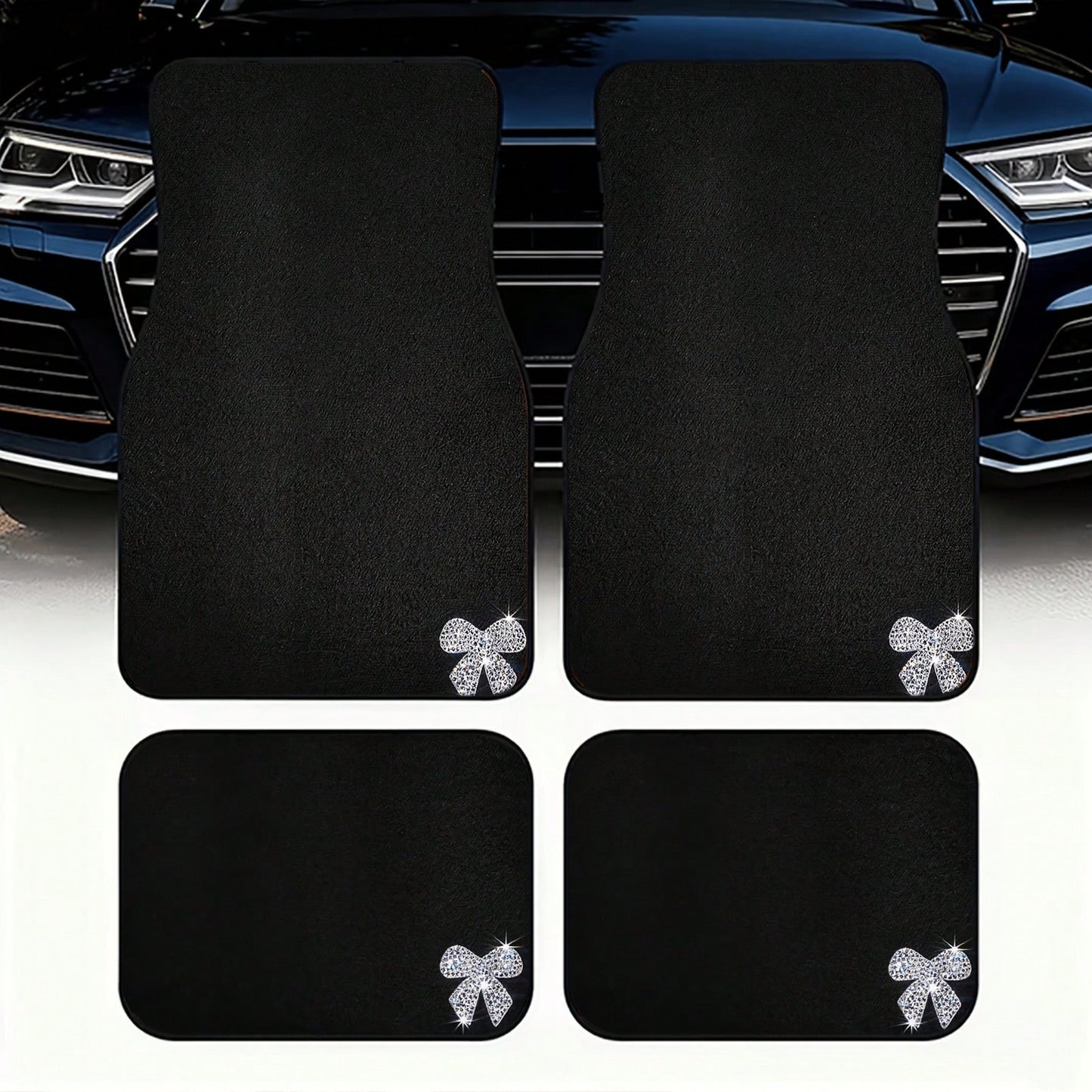 Four-Piece Car Floor Mat Set, Featuring A Solid Black Textured Design, Adorned With Shiny Diamond Bow Accents, Creating An Elegant And Festive Atmosphere, Perfect For Vehicle Interiors