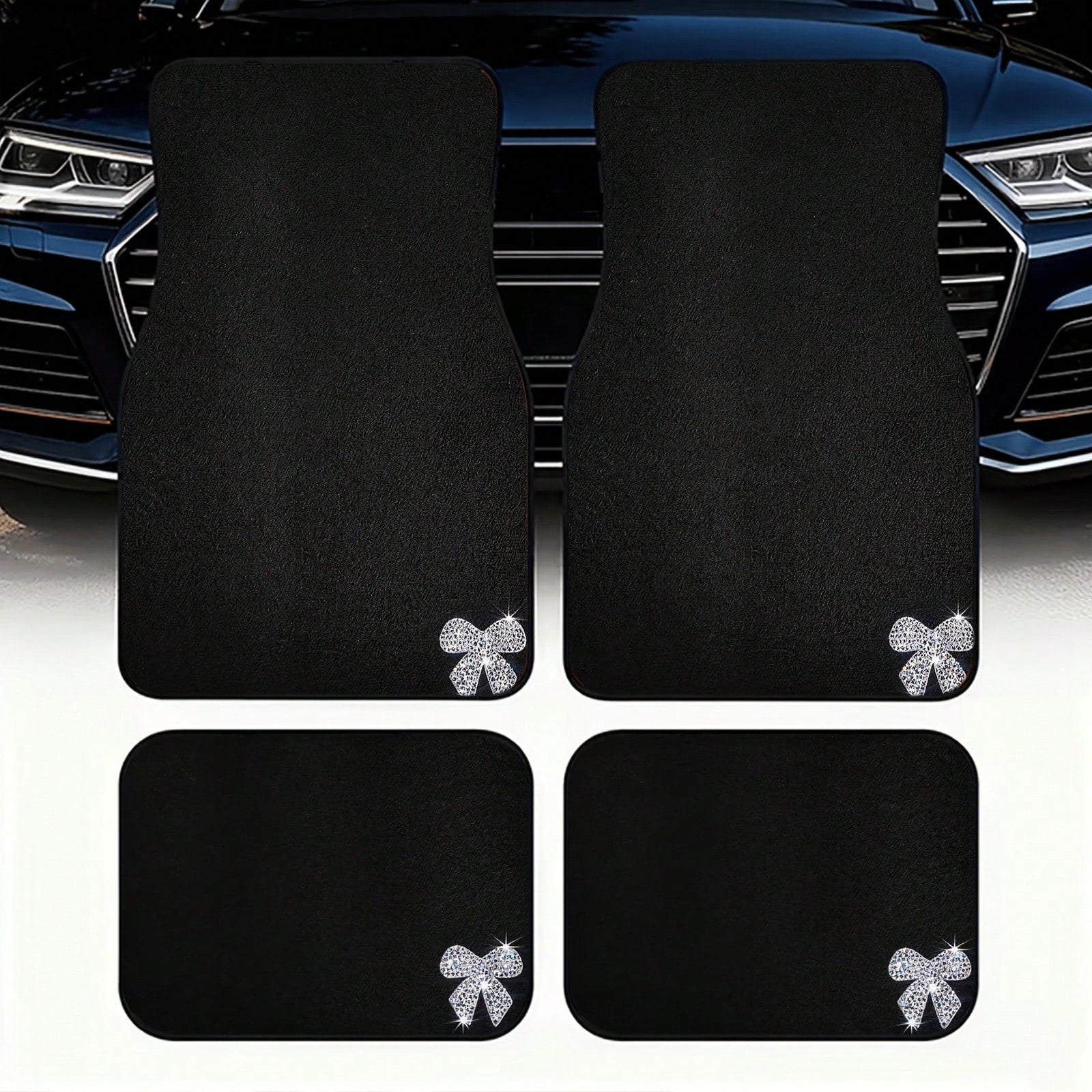 Four-Piece Car Floor Mat Set, Featuring A Solid Black Textured Design, Adorned With Shiny Diamond Bow Accents, Creating An Elegant And Festive Atmosphere, Perfect For Vehicle Interiors