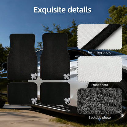 Four-Piece Car Floor Mat Set, Featuring A Solid Black Textured Design, Adorned With Shiny Diamond Bow Accents, Creating An Elegant And Festive Atmosphere, Perfect For Vehicle Interiors