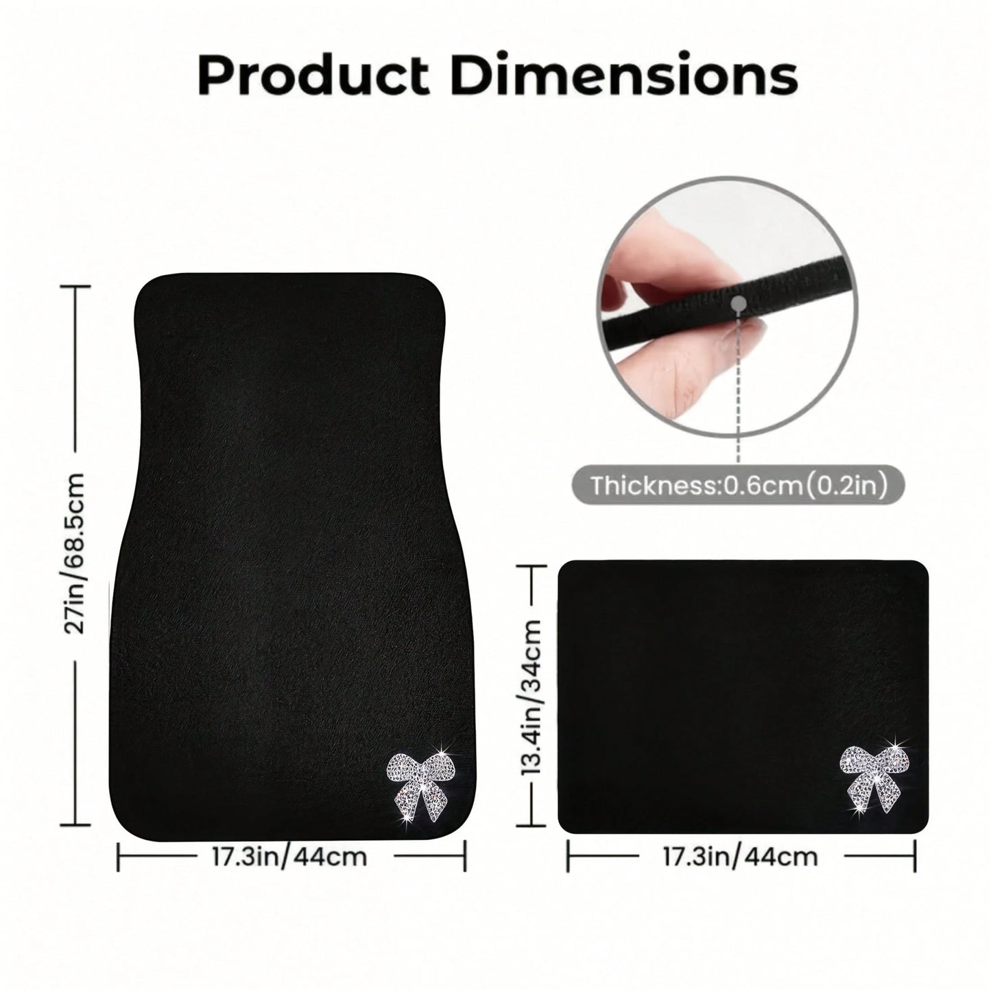 Four-Piece Car Floor Mat Set, Featuring A Solid Black Textured Design, Adorned With Shiny Diamond Bow Accents, Creating An Elegant And Festive Atmosphere, Perfect For Vehicle Interiors