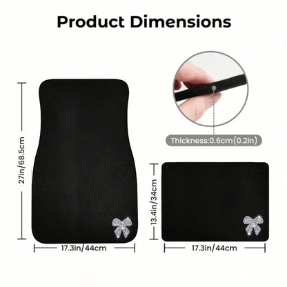 Four-Piece Car Floor Mat Set, Featuring A Solid Black Textured Design, Adorned With Shiny Diamond Bow Accents, Creating An Elegant And Festive Atmosphere, Perfect For Vehicle Interiors