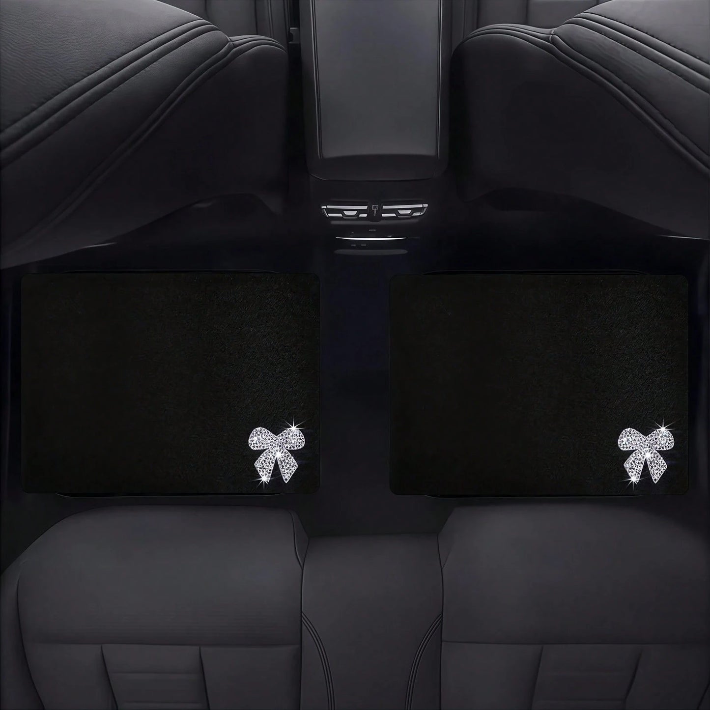 Four-Piece Car Floor Mat Set, Featuring A Solid Black Textured Design, Adorned With Shiny Diamond Bow Accents, Creating An Elegant And Festive Atmosphere, Perfect For Vehicle Interiors
