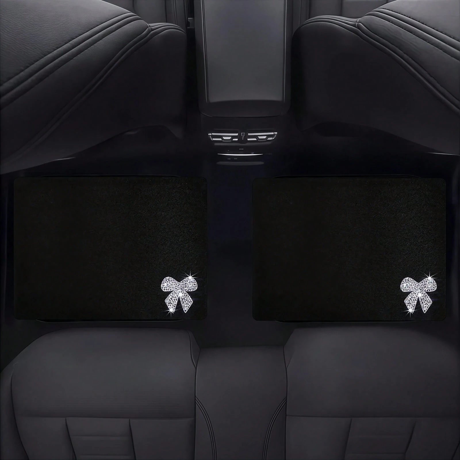 Four-Piece Car Floor Mat Set, Featuring A Solid Black Textured Design, Adorned With Shiny Diamond Bow Accents, Creating An Elegant And Festive Atmosphere, Perfect For Vehicle Interiors