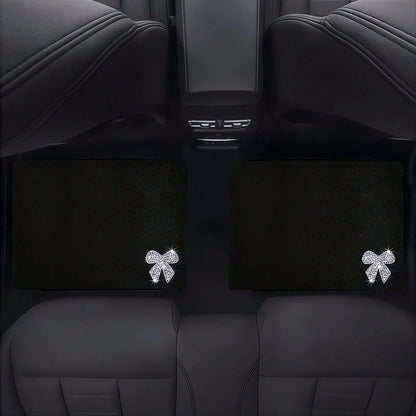 Four-Piece Car Floor Mat Set, Featuring A Solid Black Textured Design, Adorned With Shiny Diamond Bow Accents, Creating An Elegant And Festive Atmosphere, Perfect For Vehicle Interiors