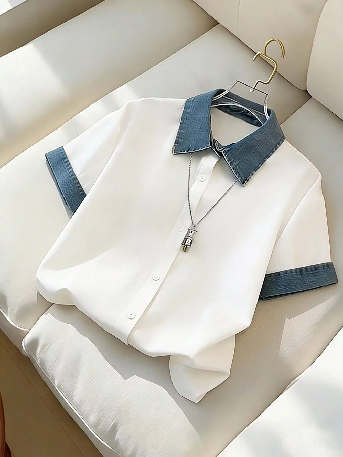 Franclia Blue And White,Summer,Smart Casual,Everyday Elegant Patchwork Shirts For Ladies' Outdoor Wear,Simple White Tops,Casual Party Festival Outfits