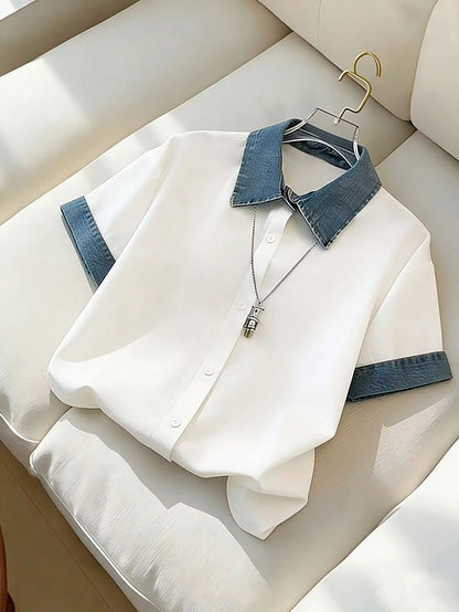 Franclia Blue And White,Summer,Smart Casual,Everyday Elegant Patchwork Shirts For Ladies' Outdoor Wear,Simple White Tops,Casual Party Festival Outfits