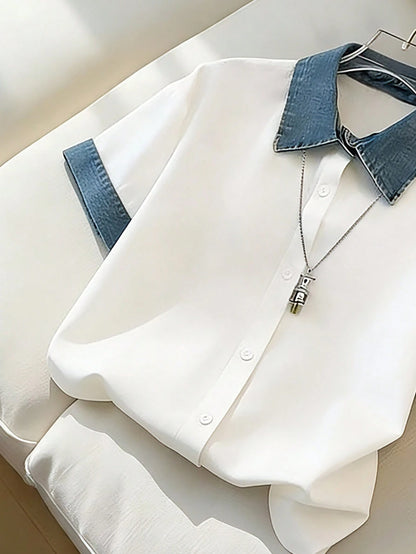Franclia Blue And White,Summer,Smart Casual,Everyday Elegant Patchwork Shirts For Ladies' Outdoor Wear,Simple White Tops,Casual Party Festival Outfits