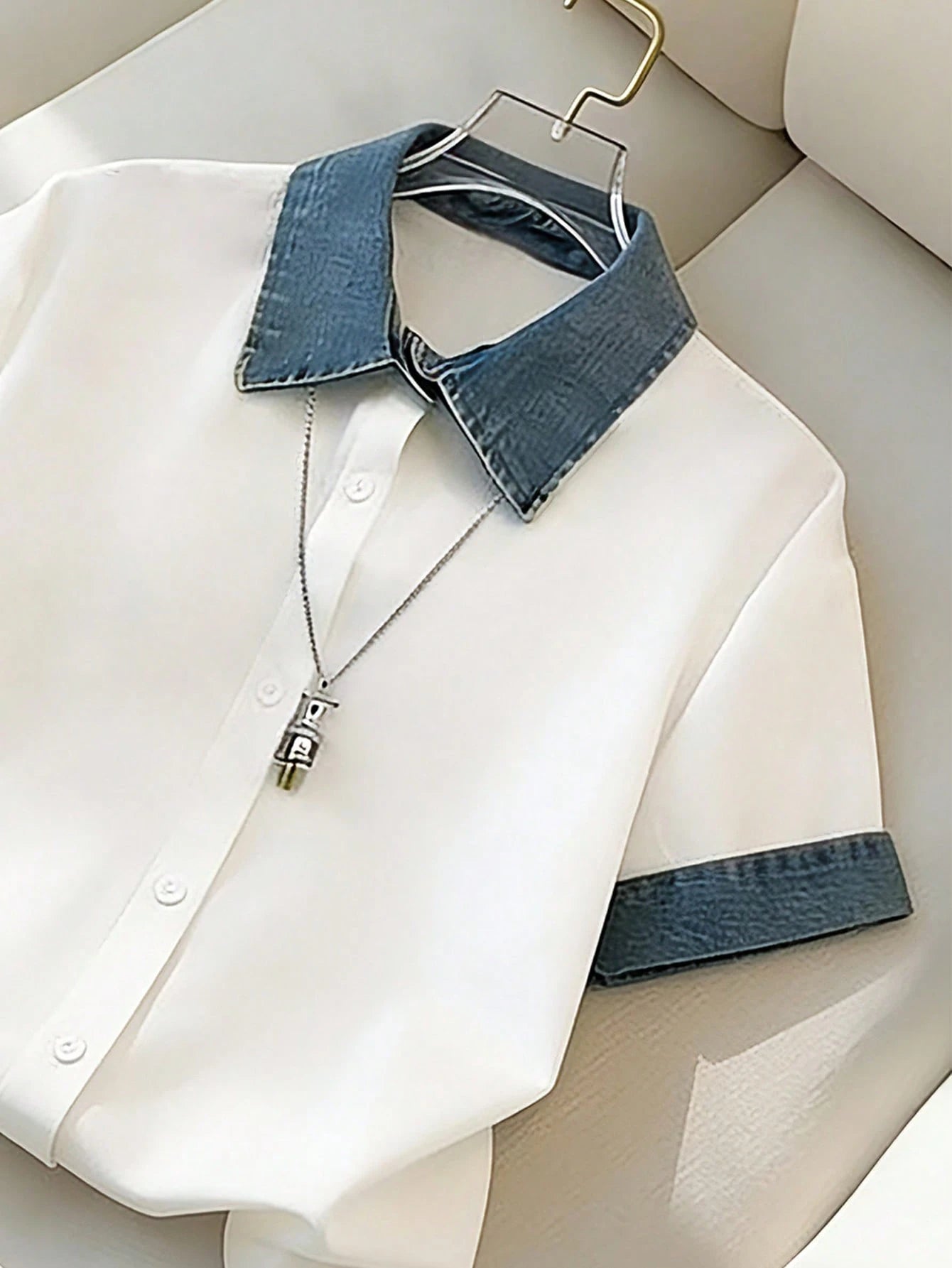 Franclia Blue And White,Summer,Smart Casual,Everyday Elegant Patchwork Shirts For Ladies' Outdoor Wear,Simple White Tops,Casual Party Festival Outfits