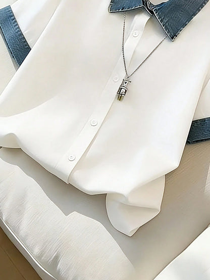 Franclia Blue And White,Summer,Smart Casual,Everyday Elegant Patchwork Shirts For Ladies' Outdoor Wear,Simple White Tops,Casual Party Festival Outfits