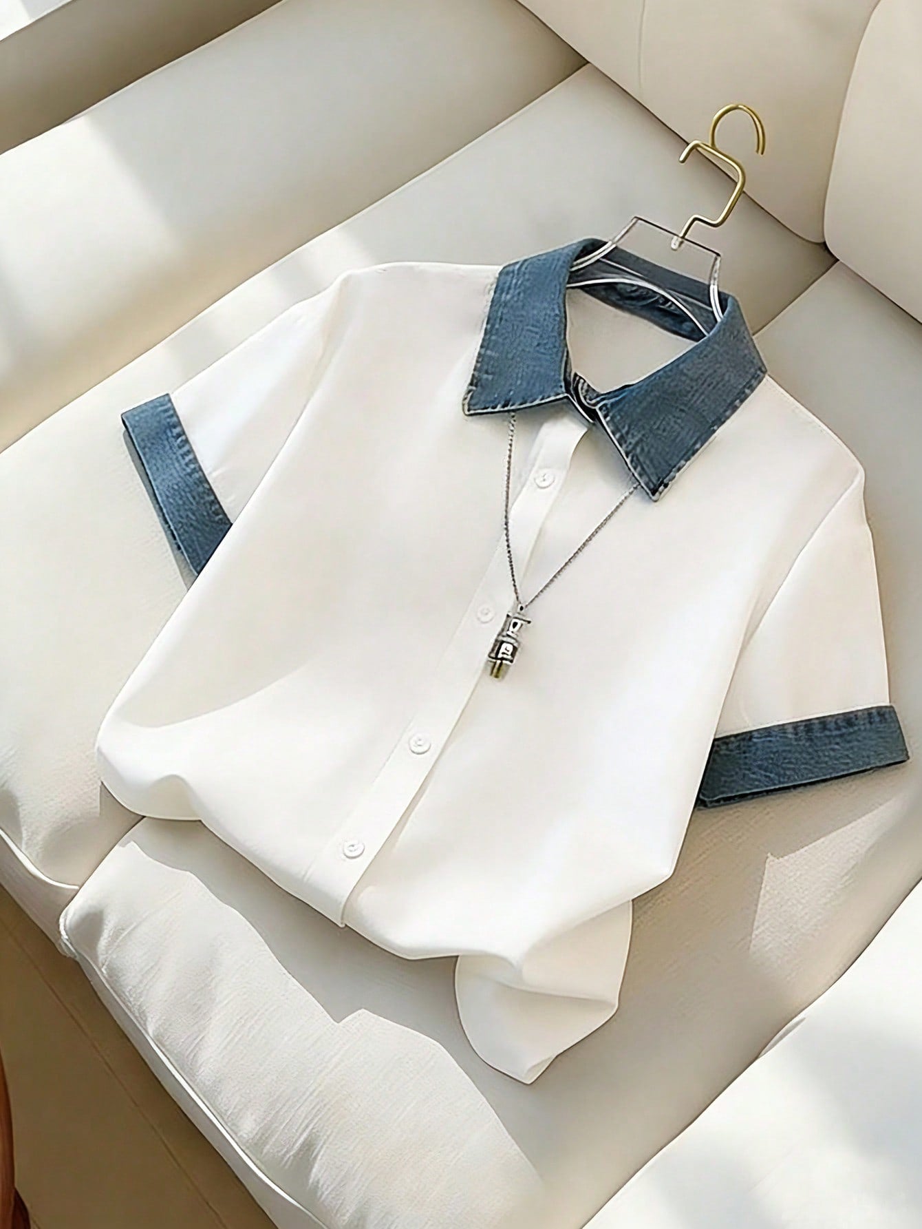 Franclia Blue And White,Summer,Smart Casual,Everyday Elegant Patchwork Shirts For Ladies' Outdoor Wear,Simple White Tops,Casual Party Festival Outfits