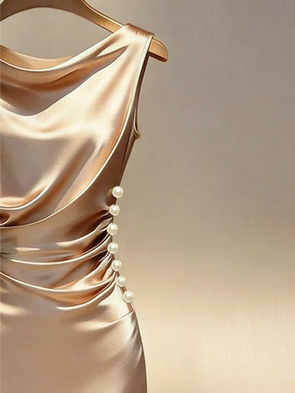 Franclia Champagne Gold Satin Cowl Neck Sleeveless Fitted Dress