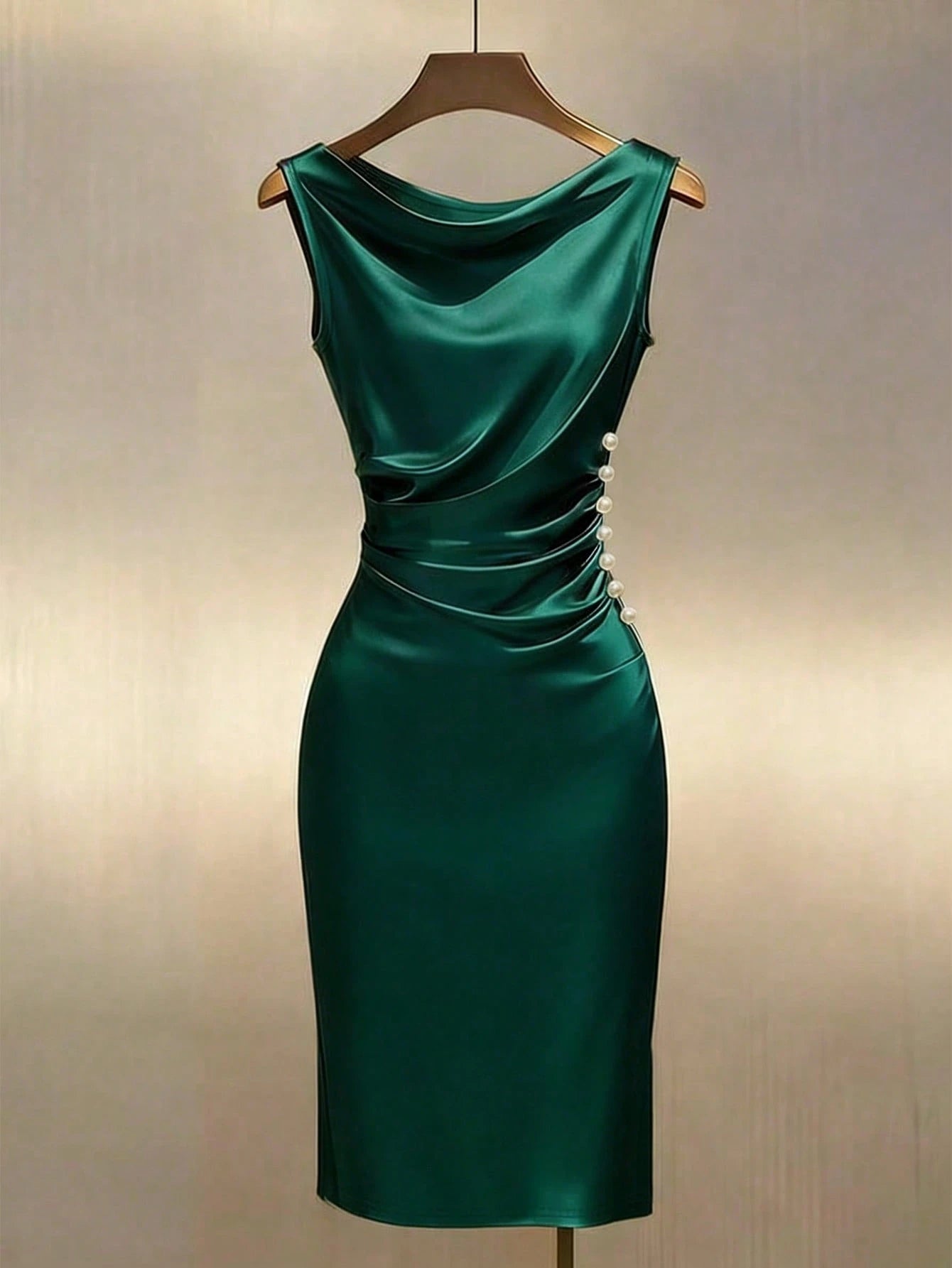 Franclia Champagne Gold Satin Draped Neck Sleeveless Fitted Dress Satin Dress