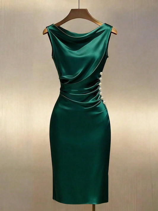 Franclia Champagne Gold Satin Draped Neck Sleeveless Fitted Dress Satin Dress