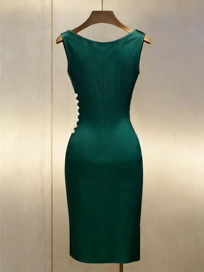 Franclia Champagne Gold Satin Draped Neck Sleeveless Fitted Dress Satin Dress