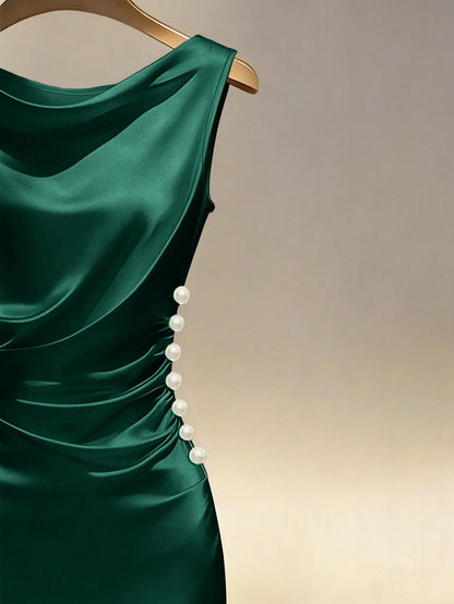 Franclia Champagne Gold Satin Draped Neck Sleeveless Fitted Dress Satin Dress