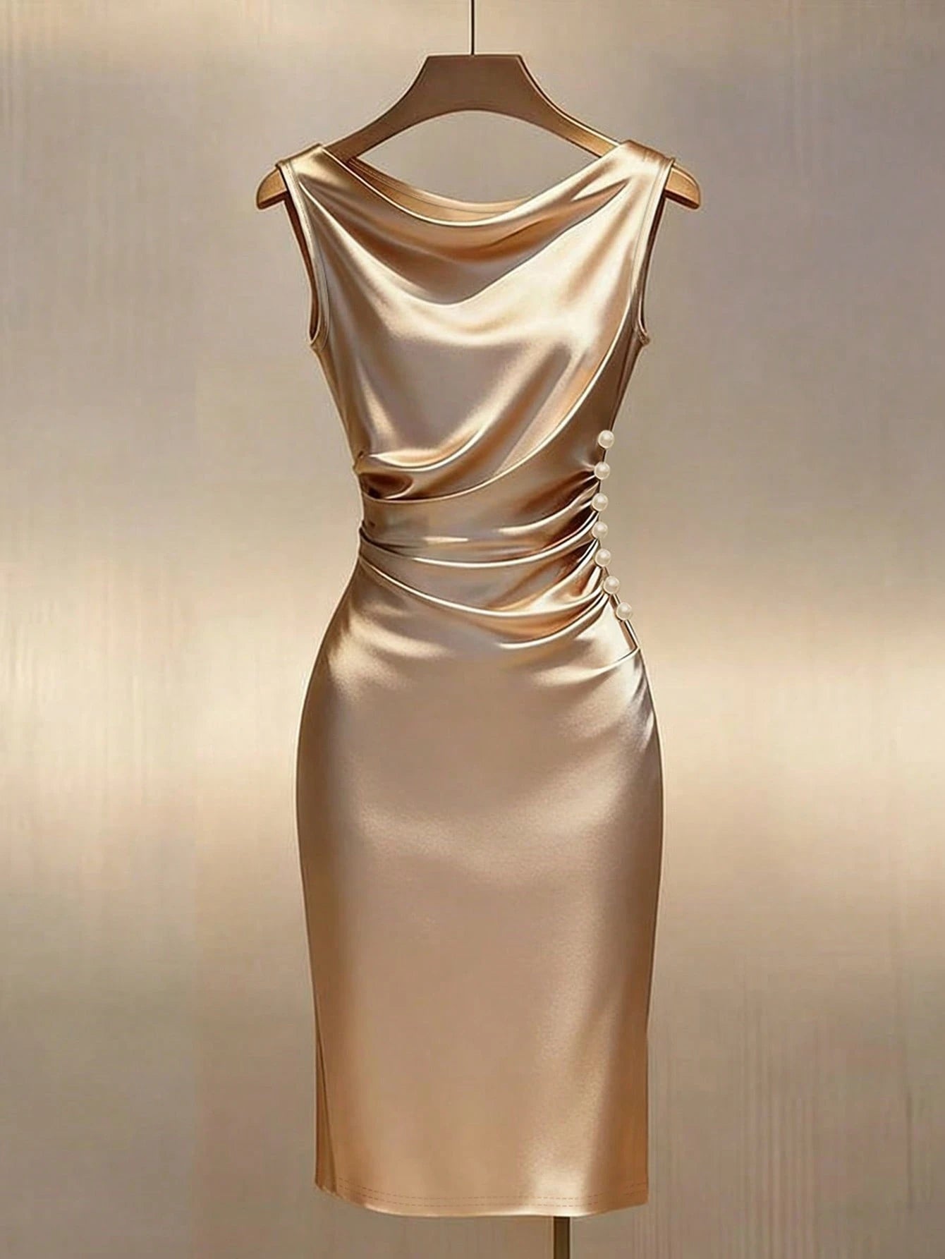 Franclia Champagne Gold Satin Draped Neck Sleeveless Fitted Dress Satin Dress