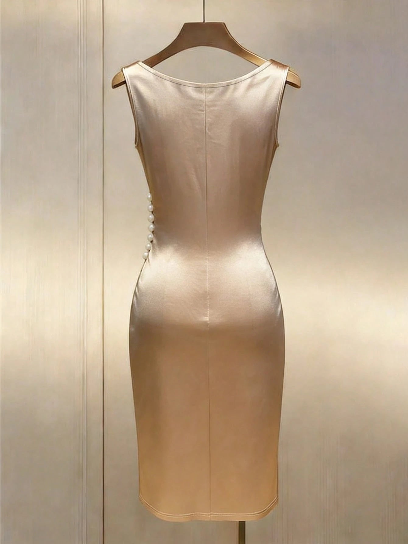 Franclia Champagne Gold Satin Draped Neck Sleeveless Fitted Dress Satin Dress