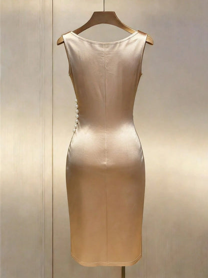 Franclia Champagne Gold Satin Draped Neck Sleeveless Fitted Dress Satin Dress