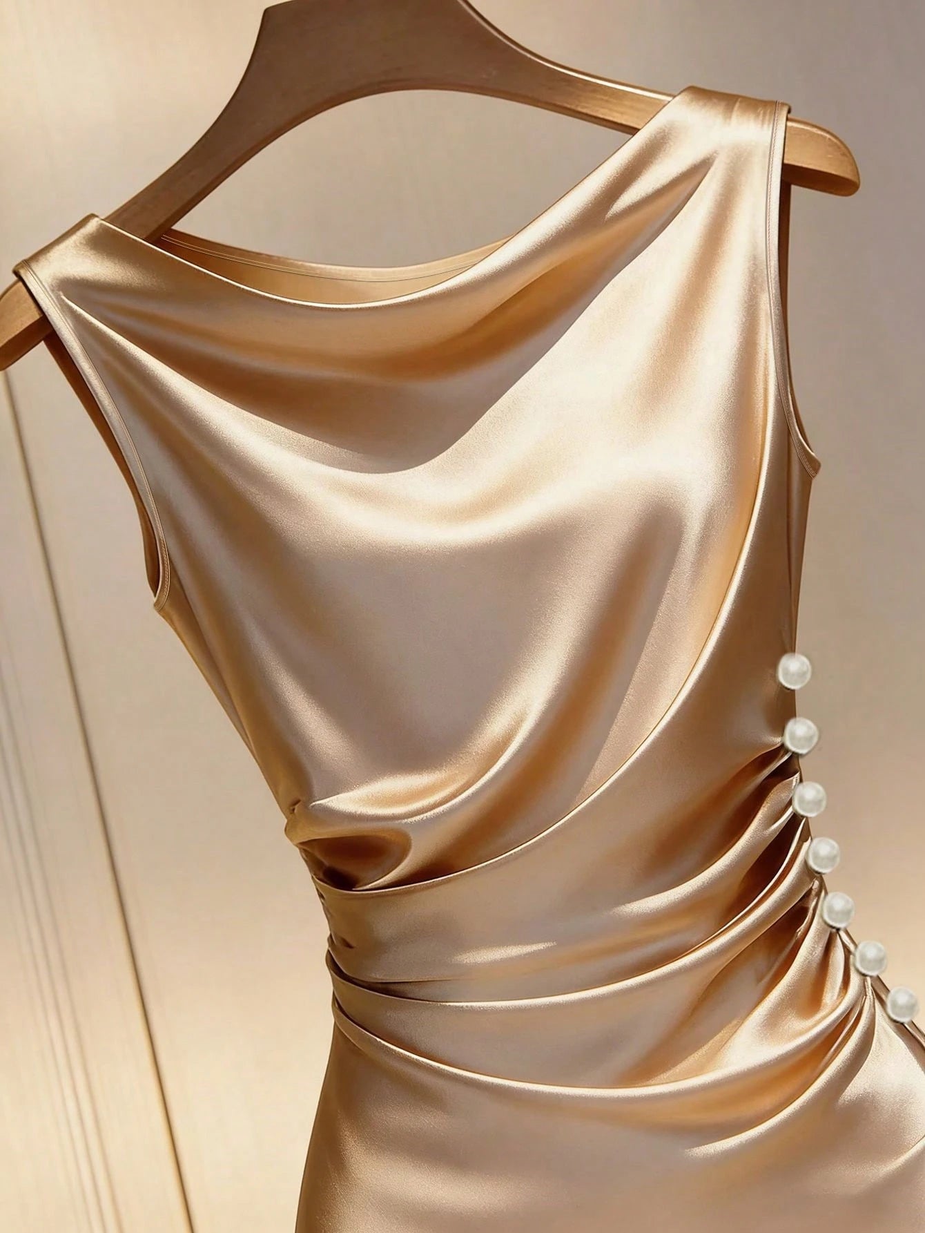 Franclia Champagne Gold Satin Draped Neck Sleeveless Fitted Dress Satin Dress