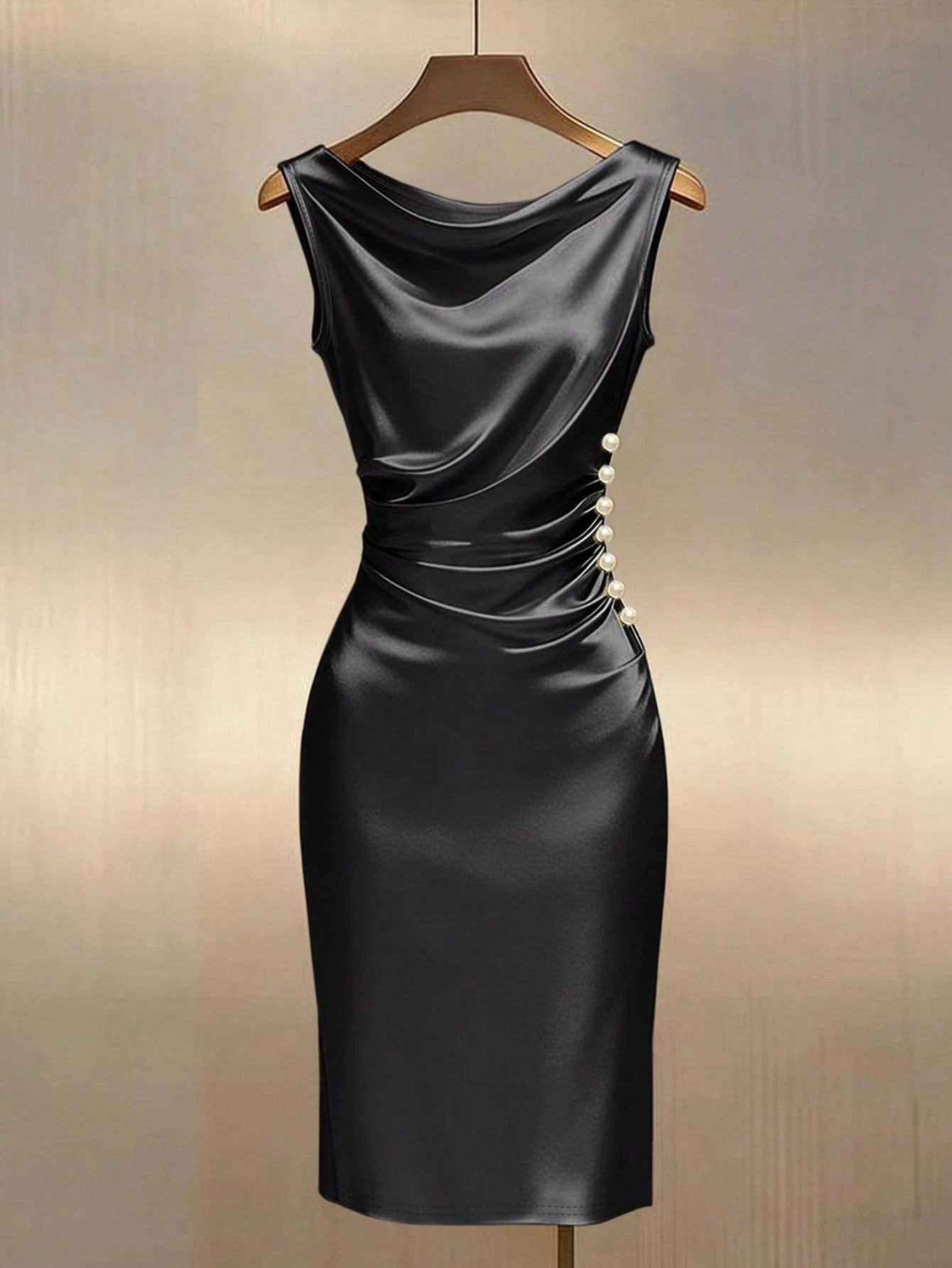 Franclia Champagne Gold Satin Draped Neck Sleeveless Fitted Dress Satin Dress