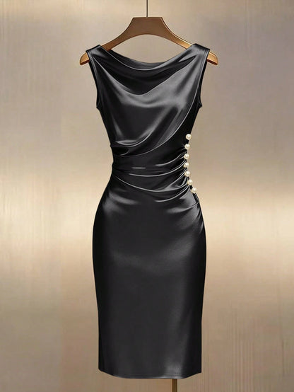 Franclia Champagne Gold Satin Draped Neck Sleeveless Fitted Dress Satin Dress