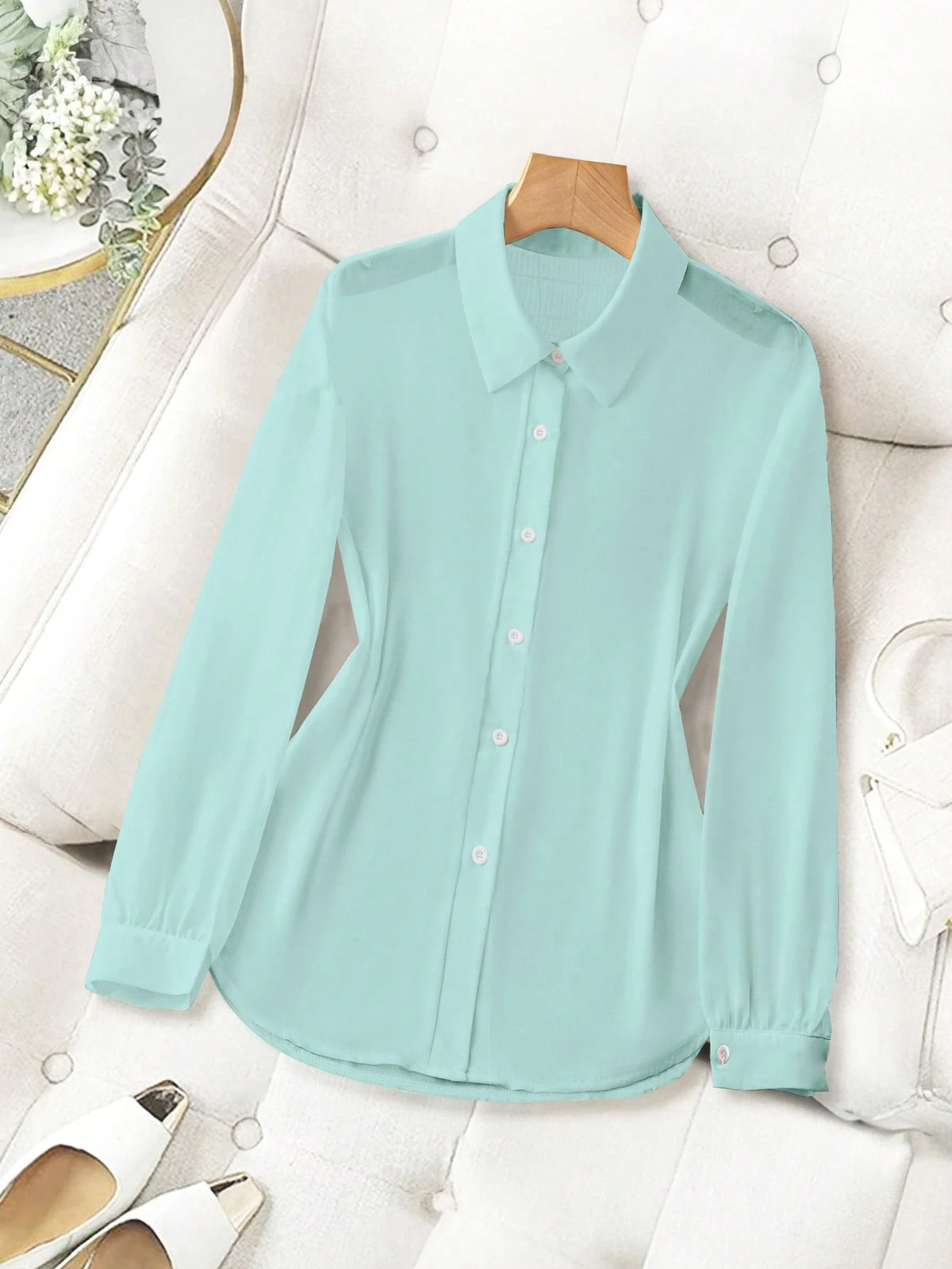 Franclia Collared Basic Transparent Solid Color Simple Shirt Fall Cloth For Women