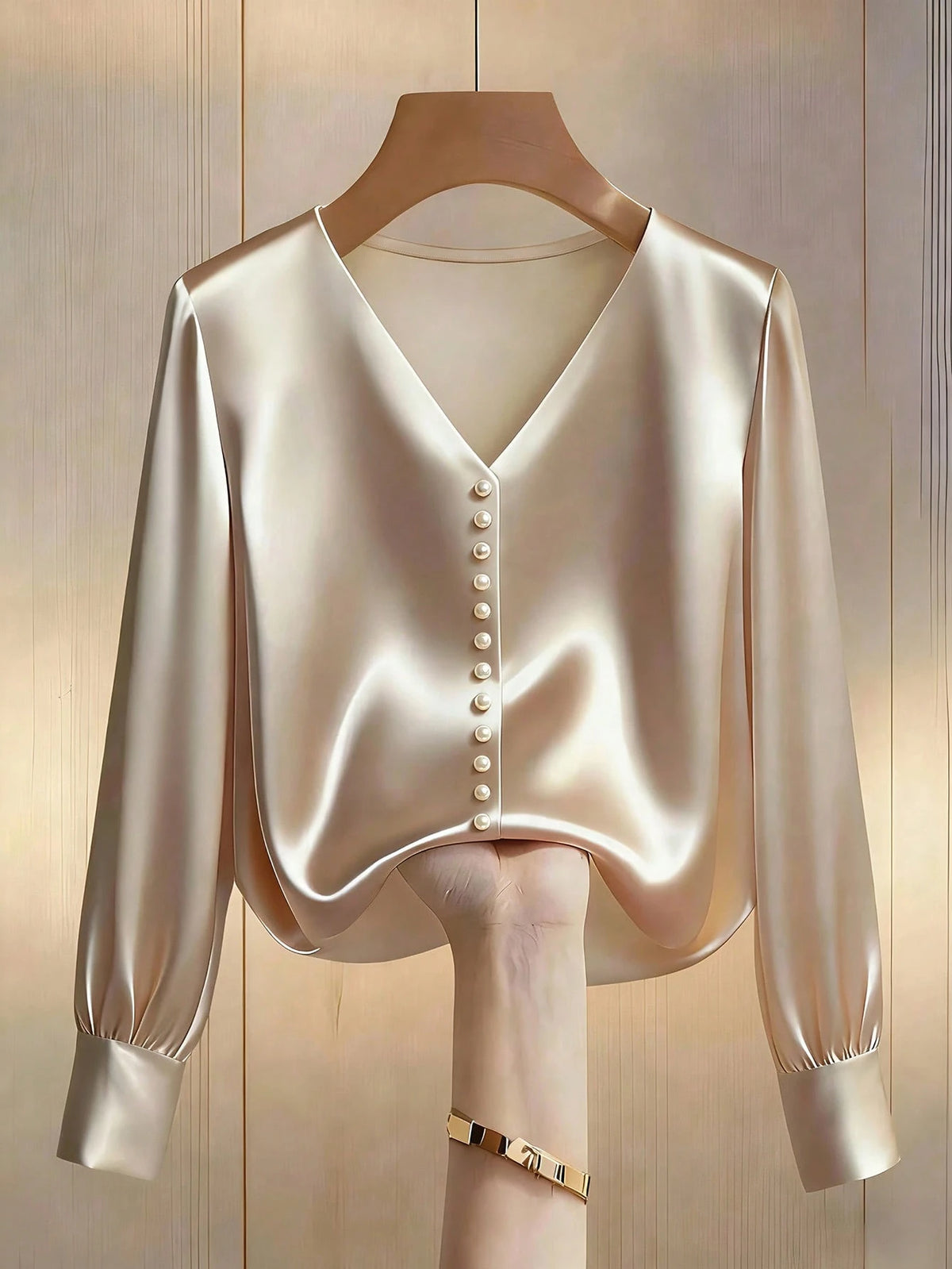Franclia Elegant Beige Autumn Silk Blouse For Women,V-Neck Beaded Long Sleeve Satin Top For Tea Party,Fashion Loose Casual Vacation Blouses