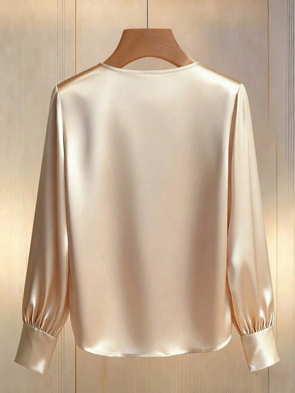 Franclia Elegant Beige Autumn Silk Blouse For Women,V-Neck Beaded Long Sleeve Satin Top For Tea Party,Fashion Loose Casual Vacation Blouses