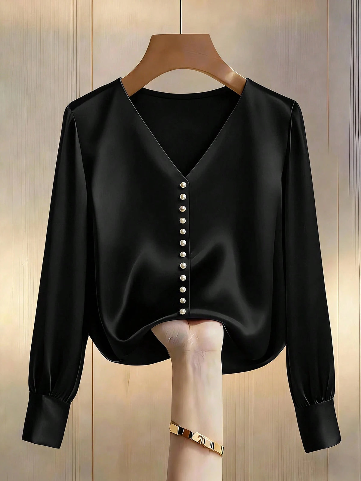 Franclia Elegant Beige Autumn Silk Blouse For Women,V-Neck Beaded Long Sleeve Satin Top For Tea Party,Fashion Loose Casual Vacation Blouses