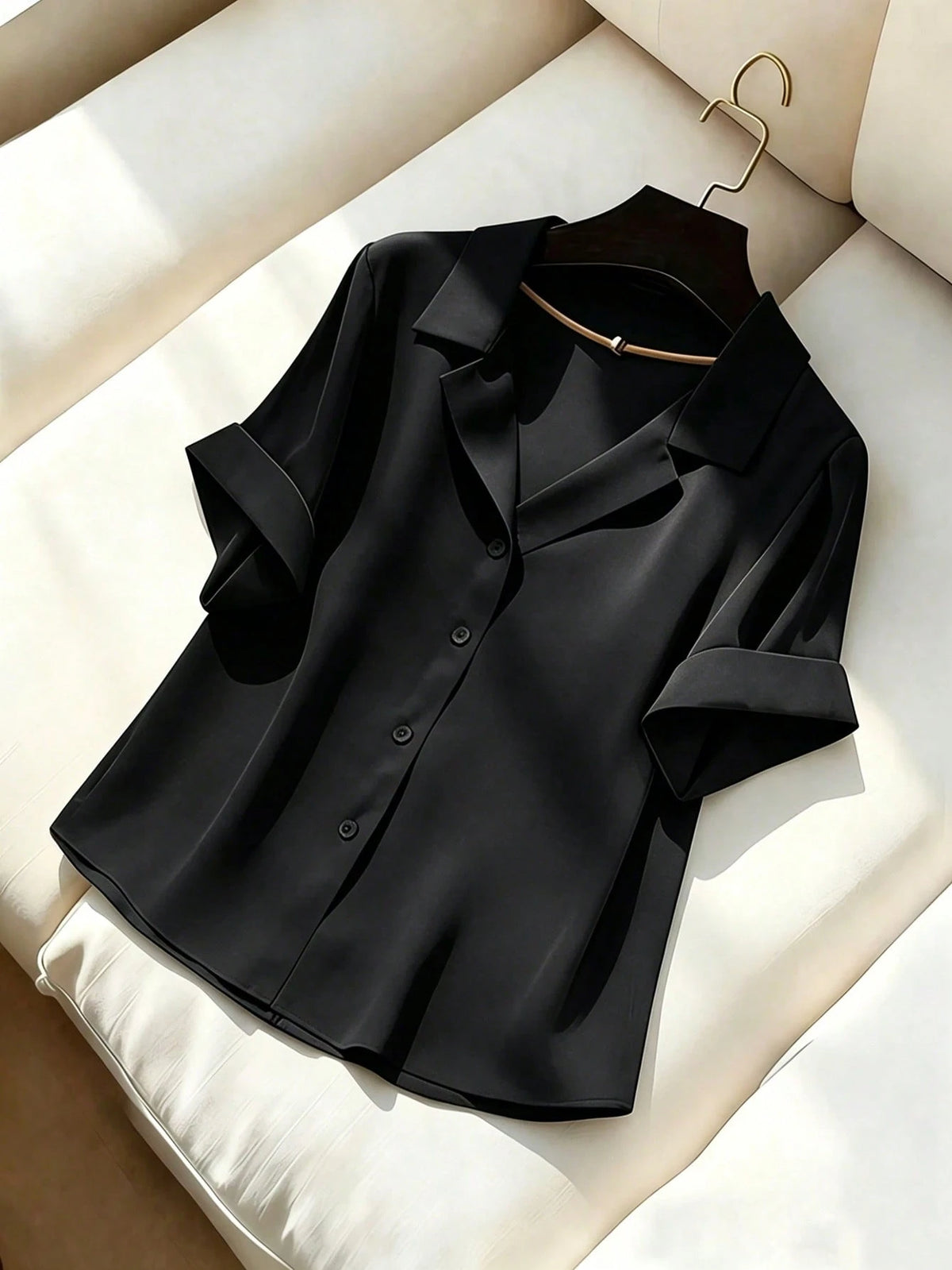Franclia Elegant Commuter Versatile Lapel Collar Short Sleeve Green Women Shirt